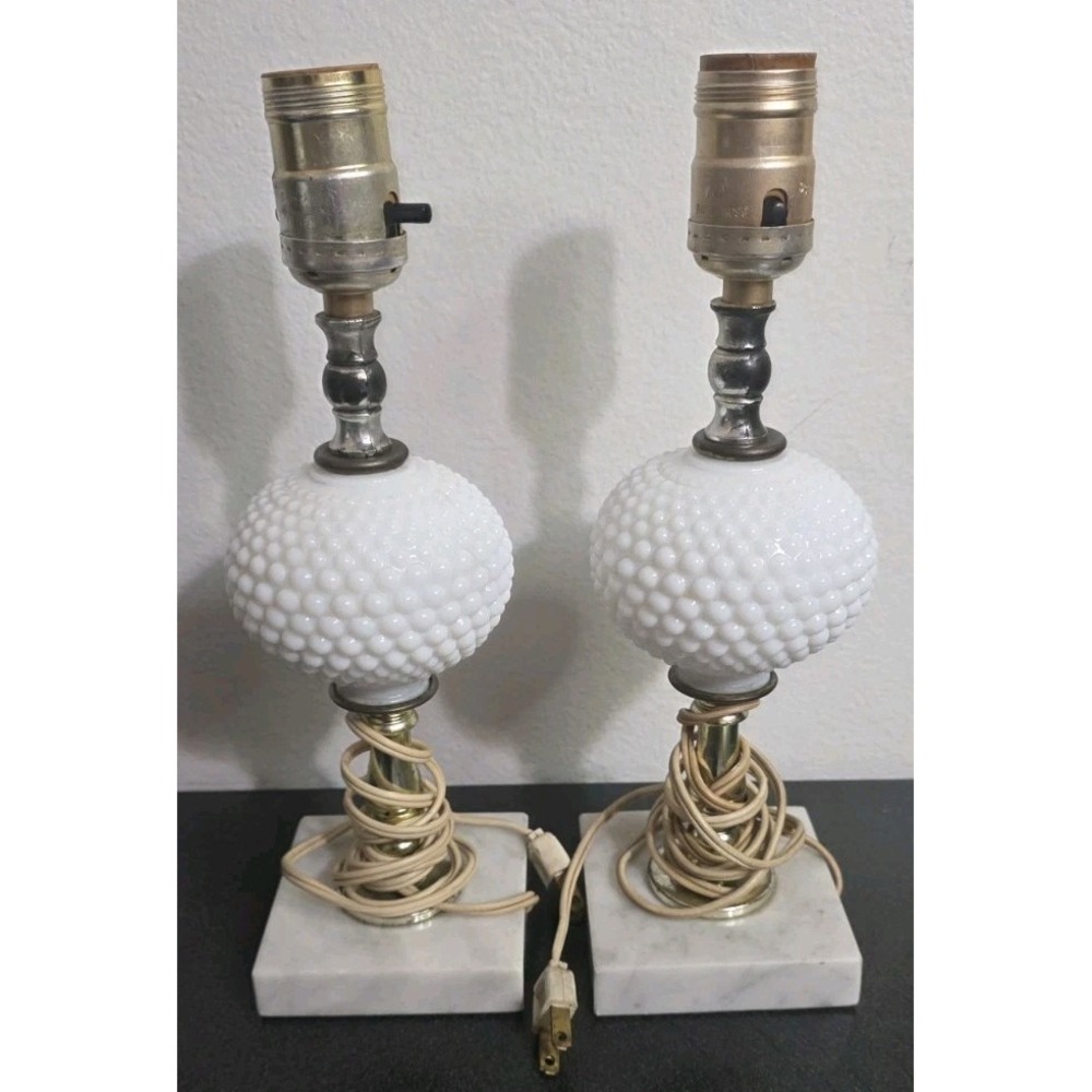 2pc Hobnail Lamp White Milk Glass Vintage Electric Long Cord MCM Marble Base EUC